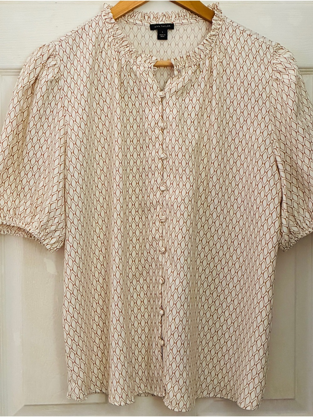 Ann Taylor Cream Blouse with Tan Diamond Print